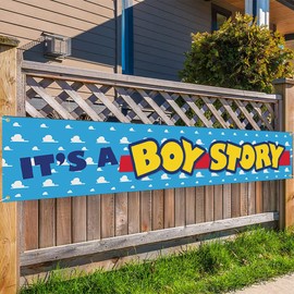 It's a Boy Story Yard Banner Blue Sky White Clouds for Newborn Baby Shower Garden Sign Baby Boys Birthday Party Decorations 118x20 inch Photoshoot Banner