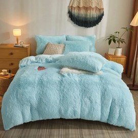 Faux Fur Shaggy Comforter Cover Set - Ultra Soft Light Blue Duvet Cover Twin 2 Pieces with Pillow Cases - Zipper Closure