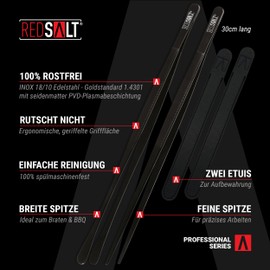 REDSALT® Black Edition Cooking Tweezers Set Black 30 cm | INOX 18/10 Stainless Steel Rustproof Dishwasher Safe PVD Coating | Professional Chef Tweezers Kitchen Grill Gourmet Tongs Kitchen Tweezers