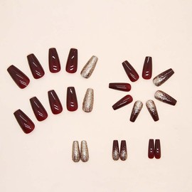 RikView Red Press on Nails Medium Fake Nails Glitter Nails Square Acrylic Nails Glossy Full Cover Nails 24 PCs/Set (Medium Red Glitter)