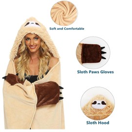 YushengTai Portable Penguin Gifts Blanket, Fluffy Blanket with Sleeves and Hood, Gifts for Women, Flannel Sofa Blanket, Warm Fluffy and Soft, Gifts for Women, beige sloth