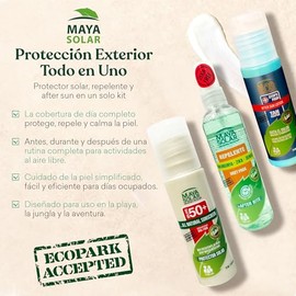Maya Solar Pack 3 en 1: Bloqueador Solar + Repelente Premium + Crema After Sun | Fórmulas Naturales y Biodegradables | Uso Familiar | Perfecto para Pl