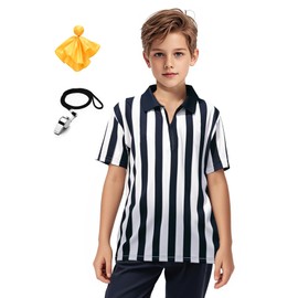 ChinFun 3 Pcs Kids Referee Shirt Costume Child Umpire Jersey Stripe, Yellow Penalty Flag and Stainless Steel Whistle Zipper Collar L