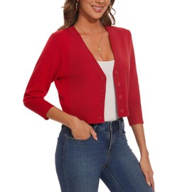 LADI TREND Cropped Cardigan Vintage Women 3/4 Sleeve Knit Sweater Button Bolero Shrugs Summer Clothes (Red M)