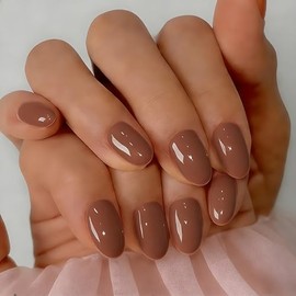 SXVME Uñas postizas cortas de gel suave, 32 piezas, 16 tamaños, color marrón claro transparente, ovaladas, reutilizables, con pegamento, almendra natu