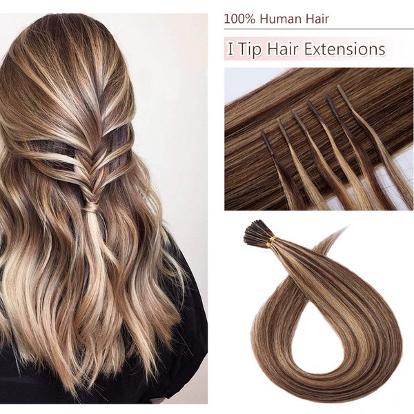 100 Strands/Pack I Tip Remy Human Hair Extensions Pre Bonded Keratin Stick In Hair Extensions Cold Fusion Hair Piece For Women Long Straight #4P27 Medium Brown&Dark Blonde 16'' 50g