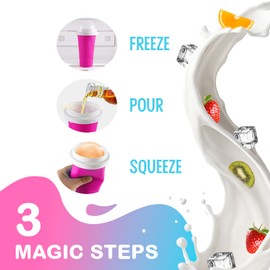 Slushy Maker Squeeze Cup, Portable Smoothie Squeeze Cup for Juices, Milk and Ice Cream Make, Double Layers Silica with Lid & Straw for Kids, Friends & Family (BLUE+PINK, STANDARD)