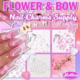 3D Flower Nail Charms Bulk Pink and White Bows Pearls Charms for Nails Cherry Butterfly Heart Pearl Nail Charms and Gems Flowers and Bows Nail Supply for Nail Art Design