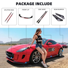 Glossy Black&Red Universal Front Bumper Lip Spoiler Diffuser Body Kits + Red Adjustable Support Splitter Rod +Glossy Black&Red Car Side Skirt + Rear Bumper Lip Fit for Most Vehicles