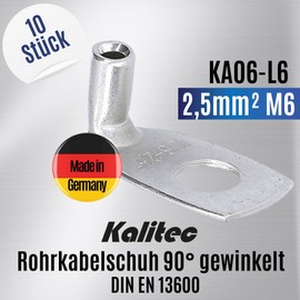 Kalitec KA06-L6 Standard Pipe Cable Lugs Angled 2.5 mm² M6 I without Viewing Hole I 90° I Made in Germany Pack of 10