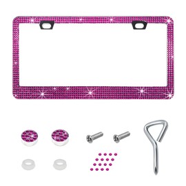 BWBWND Bling License Plate Frame, Sparkly Bedazzled Auto Tag Holder with Mounting Kit, Handcrafted Crystal Stainless Steel Licence Plate Cover for Women Girls, Car Accessories (Pink)