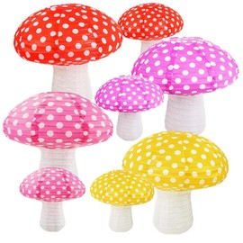Kinteshun Folding Mushroom Paper Lantern Reusable Hanging Ornament Lamp Cover for Forest Garden Wonderland Theme Birthday Party Decoration Supplies (8 and 12 inches;8pcs)