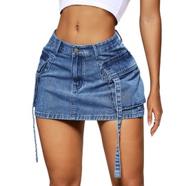 YZEGGO Denim Skirt for Women Low Waist Y2k Mini Skirt 2025 Summer Fall Trendy Skirt Cute Bodycon Cargo Skirt with Pocket (Denim Blue_Medium Wash, Small)