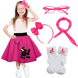 Poodle Skirt 1950s Costume Accessory Set of 5Pcs for Girls,100 Days of School Costume for Kids Hot Pink
