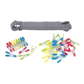 25m Washing Line rope Extra Strong Steel Core 3.5mm Indoor/Outdoor Heavy Duty Clothes Line - Grey & 20 x Soft Grip Clothes Pegs Strong Plastic Laundry Pegs for Clothes Line Pegs - Bright Colours