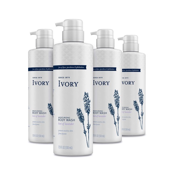 Ivory Sensitive Skin Moisturizing Body Wash, Hint of Lavender, 17.9 Fl Oz (Pack of 4)