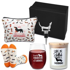 Reallnaive 5 Pcs Dachshund Lover Christmas Funny Gifts Women Wiener Dog Gifts Set Including Dachshund Themed Candles,wine Glasses,bottle Stoppers,makeup Bags for Dachshund Lovers Christmas Stuff Gifts