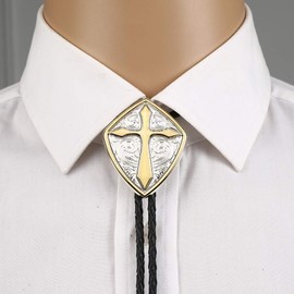Tochispa bolo tie man,handmade Western cowboy gold Cross Roman Shield Alloy Leather rope Bolo Tie (Roman shield bolo tie)