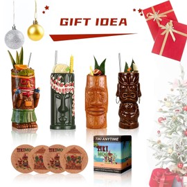 SUN GKOTTA Cocktail Tiki Mugs Set Of 4 - Exotic Mug With 4 Coasters And 4 Straws，Cute Ceramic Hawaiian Style Cocktail Glasses For Party And Tropical Tiki Bar，Mai Tai Cocktail Drinkware