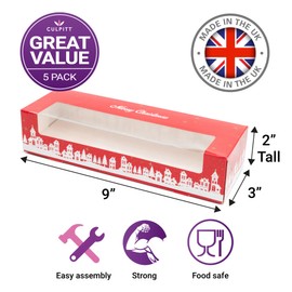 Culpitt Christmas Mince Pie Boxes | 5 Pack | Red & Gold Christmas Display Boxes With See Through Window, Strong Gift Boxes For The Festive Holidays, Storage, Protection | 235mm x 75mm x 50mm - 5 Pack