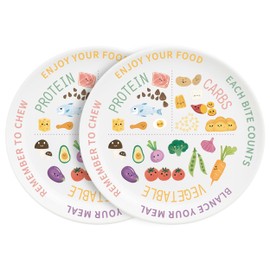Viynran 10 Inch Portion Control Plate for Adults - Cute Melamine Dinner Plate with Colorful Food Illustrations for Balanced Meals and Mindful Eating (2 Pack)