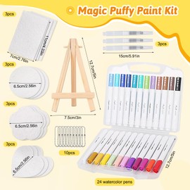 Funvalley Surperfect Magic Puffy Paint Kit, 50Pcs 3D Magic Foam Texture Painting Kit,Acrylic Paint Pens Set with 24 Colored Pens,12 Canvas Sponge, 3 Water Pens, 10 Bead Chain and 1 Mini Easel