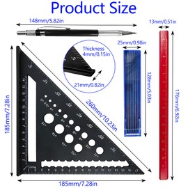 7 inch Speed Square Metric with 14 Types of Drill Holes,Triangle Ruler,Aluminum Alloy Carpenters Measuring Square,Carpentry Tools and Equipment (Black)