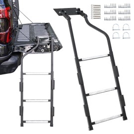 Keplrend Pickup Truck Tailgate Ladder - Universal Truck Bed Ladder Easy Install with Stainless Steel Self Drilling Screws, Aluminum Step Grip Plates & Sturdy Rubber Ladder Feet, Straps and Bumper Pad