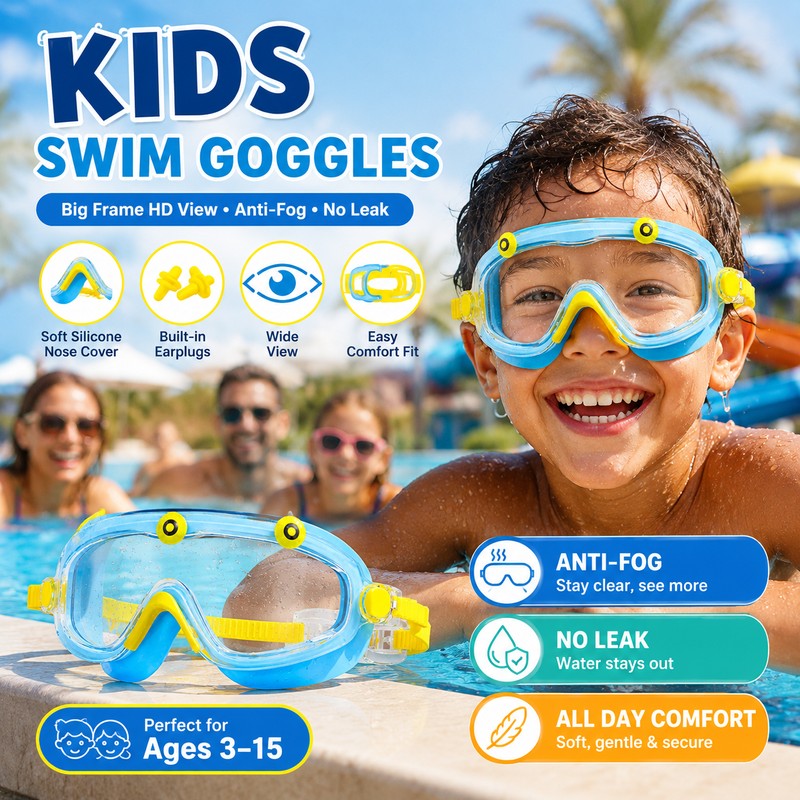 Kids Swim Goggles with Earplugs – Big Frame Anti-Fog No-Leak