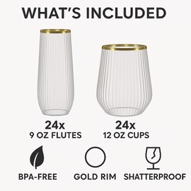 48 Pack Ribbed Origami Ripple Plastic Glasses, 24 9 Ounce Stemless Champagne Flutes & 24 12 Ounce Cups, BPA-Free Disposable Shatterproof Toasting Glasses for Weddings, Bars, and Events (Gold Rim)