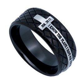 North Arrow Shop Jeremiah 29:11 Black Cross Ring, I Know Bible Verse, Stainless Steel Diamond Pattern (11)