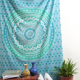 RAJRANG TRAJASTHAN TO YOU - Tapiz de mandala para colgar en la pared, color verde marino, para decoración de recámara y sala de estar, tapices bohemios de algodón, 84 x 54 pulgadas