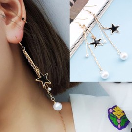 Aneneiceera Boho Pearl Drop Dangle Earrings Fashion Black Star Earrings Gold Earrings Long Tassel Chain Pearl Earrings Daily Party Vintage Earrings Wedding Jewellery for Women and Girls, Pearl