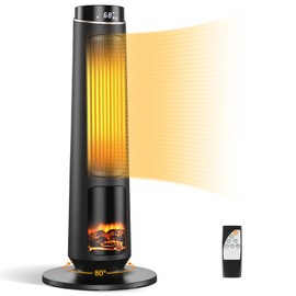 COSTWAY Electric Space Heater for Indoor Use, 1500W PTC Ceramic Tower Heater w/Remote Control, 3D Realistic Flame, 80° Oscillating, Portable Heater for Living Room Bedroom Office Large Room