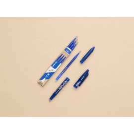PILOT Frixion Ball Erasable Rollerball Pens FR7 - Medium 0.7mm Nib Tip - Blister Pack of 3 Pens + 3 Refills - Blue Ink