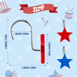 MALLMALL6 12Pcs Indepedence Day Shower Curtain Hooks Hangers Patriotic Theme Bathroom Decor with Red White Blue Stars Rustproof Metal Curtains Rings Memorial Veterans Day Celebrations Decorative