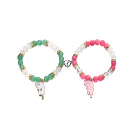 QRH Cute Cat Friendship Couple Bracelets Heart Matching Cartoon Kitten Kawaii Aesthetic Beaded Stretch Bracelets-green&pink