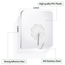 IBERDE Adhesive Hooks for Hanging, Transparent Wall Hooks, Stainless Steel Coat Hook, Towel Hooks for Bathroom, Ornament Hook Door Hanger for Home, Drill Free No Damage Utility Hooks (20 Pack)