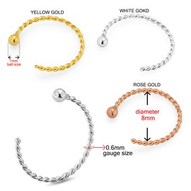 PiercingPoint 14KT Solid White Gold 22 Gauge (0.6MM) - 5/16 (8MM) Length Half Nose Twister Hoop Ring Nose Jewelry