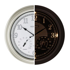 CLXEAST 18 Inch Large Illuminated Outdoor Atomic Analog Wall Clock with Temperature & Humidity Combo, Lighted Outdoor Clocks for Patio Large Waterproof with Thermometer, Morning Gold/Silver Finish