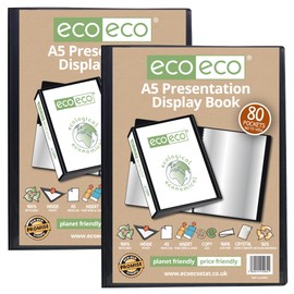 eco-eco A5 Size 50% Recycled 80 Pocket Black Presentation Display Book, Storage Case Portfolio Art Folder with Plastic Sleeves, eco064x2, (Pack of 2 Books)
