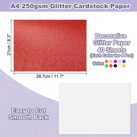 PATIKIL 40Sheets Colorful Glitter Cardstock, 8.3x11.7 in A4 Glitter Paper Card Stock Shiny Scrapbook 250gsm Sparkly Paper Large Shimmer for Crafts Scrapbook DIY Art Wedding Party