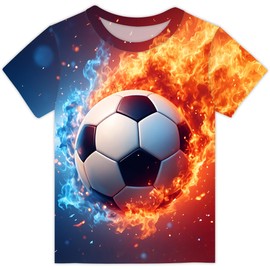Boys Tees 3D Cool Soccer Flame Graphic Short Sleeve T-Shirts Summer Big Kids Realistic Tops 13-14 Years