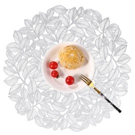 Fenyya Gold Placemat Set of 4 Washable, Modern Placemats, Round Leaf Placemats Non Slip Wipeable Table Mats for Dinner, Party, Wedding, Accent Center Decoration, Home Decor. (6, Silver)