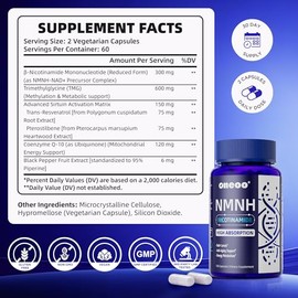 Suplemento NMNH con suplemento NAD Potencia máxima con resveratrol y pterostilbeno, CoQ10 y pimienta negra, para energía celular, soporte antienvejeci