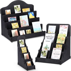 Wonderjune 3 Pcs 4 Tiered Greeting Card Display Stand Sticker Display Stand for Vendors Wooden Collector Card Rack Wood Holder for Postcard Photos Bookmark Trade Shows Retail Counter, 3 Sizes (Black)
