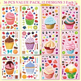 Ozepao 36 Pcs Cupcake Make-a-Face Sticker Sheets | Mix & Match Ice Cream Dessert Party Favors for Toddlers & Kids Ages 2-8 | Treats Party Activities, Birthday Decorations, Crafts & Supplies