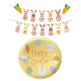eBoutik - Easter Party Decoration Set, Spring "Happy Easter" Bunting Banner for Photo Backdrop, Garden Hunt Supplies for Children Mealtime Parties - Plate & Bunting