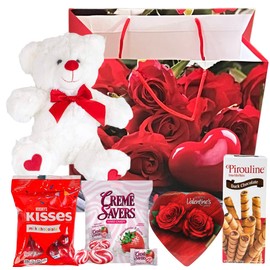 Valentines Day Gift Basket Set | Teddy Bear Plush (COLOR VARYS), Creme Savers Hard Candy, Individually Wrapped, Hershey Kisses Milk Chocolate, Heart Shape Elmer Chocolates Dark Chocolate or Hazelnut Pirouline Wafers, & Valentine Bag (Design Varies |