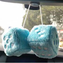 Fuzzy Plush Dice for Car Mirror, Pair of Retro 3” Light Blue Dice with White Dots for Car Interior Hanging Ornament Decoration (Blue)